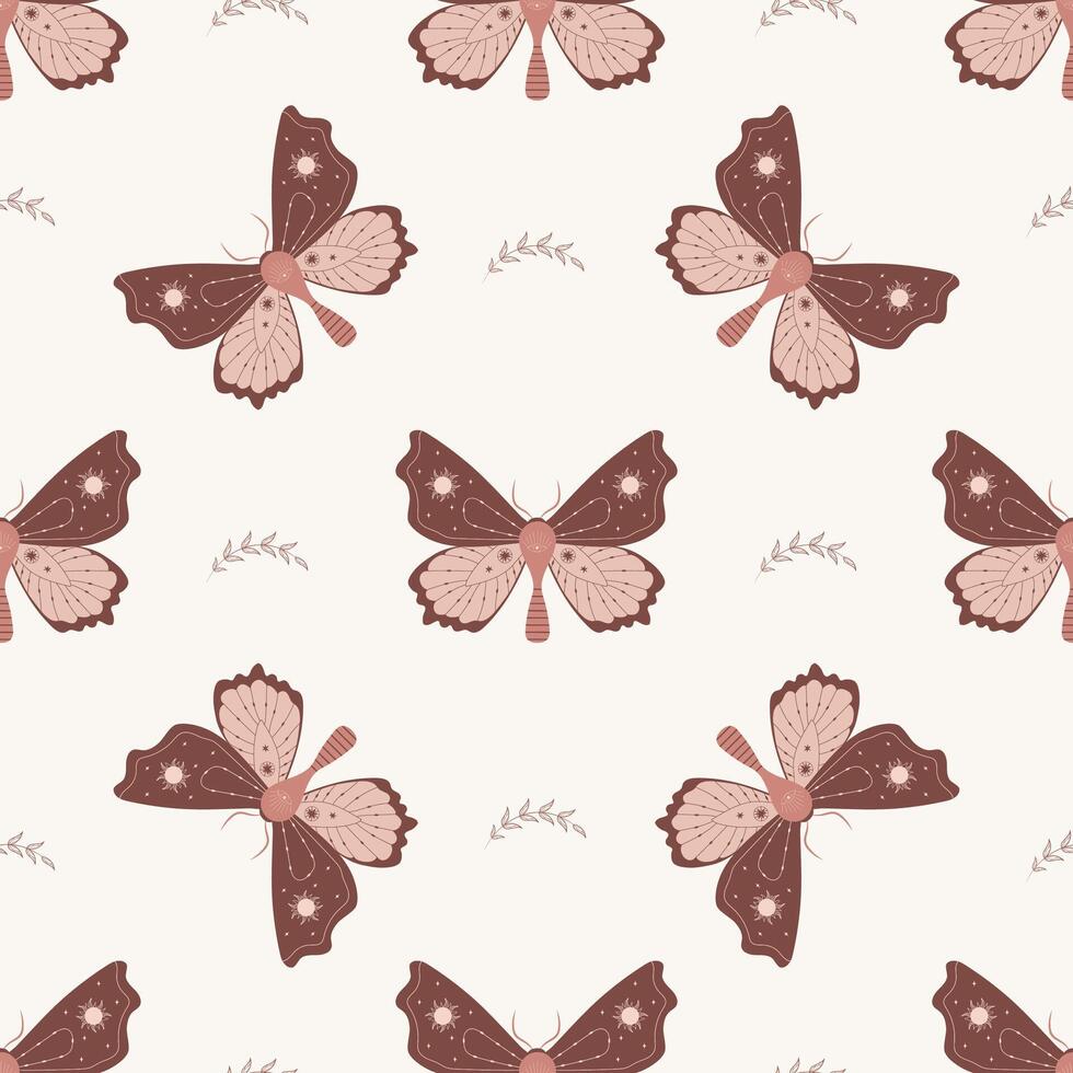 Seamless pattern with boho butterfly. Insect with celestial elements. vector