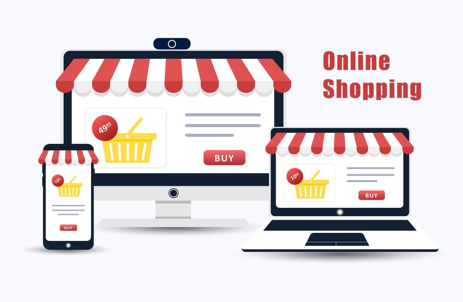 Online shopping. The product catalog on the web browser page. Computer, laptop and mobile phone. Shopping basket. Modern illustration in flat style. vector