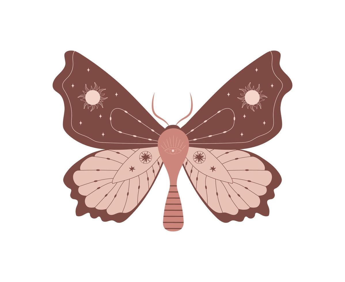 Boho butterfly. Insect with celestial elements. Witch and magic symbol. Abstract hand drawn moth. illustration in bohemian vector