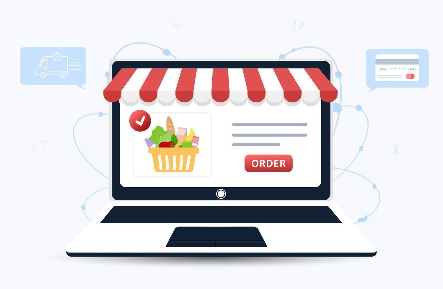 Online food order. Grocery delivery. The product catalog on the web browser page. Shopping boxes. Quarantine or self-isolation. Modern illustration in flat style. vector