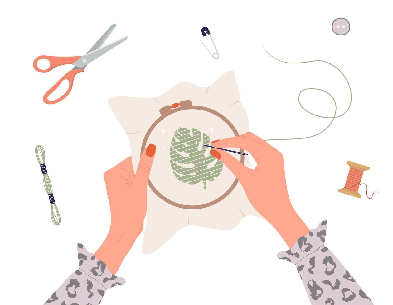 Embroidery process. Workshop and knitting. Female hands with needle and thread. Top view of the workplace. Tailor shop elements. Hand drawn illustration in flat cartoon style vector