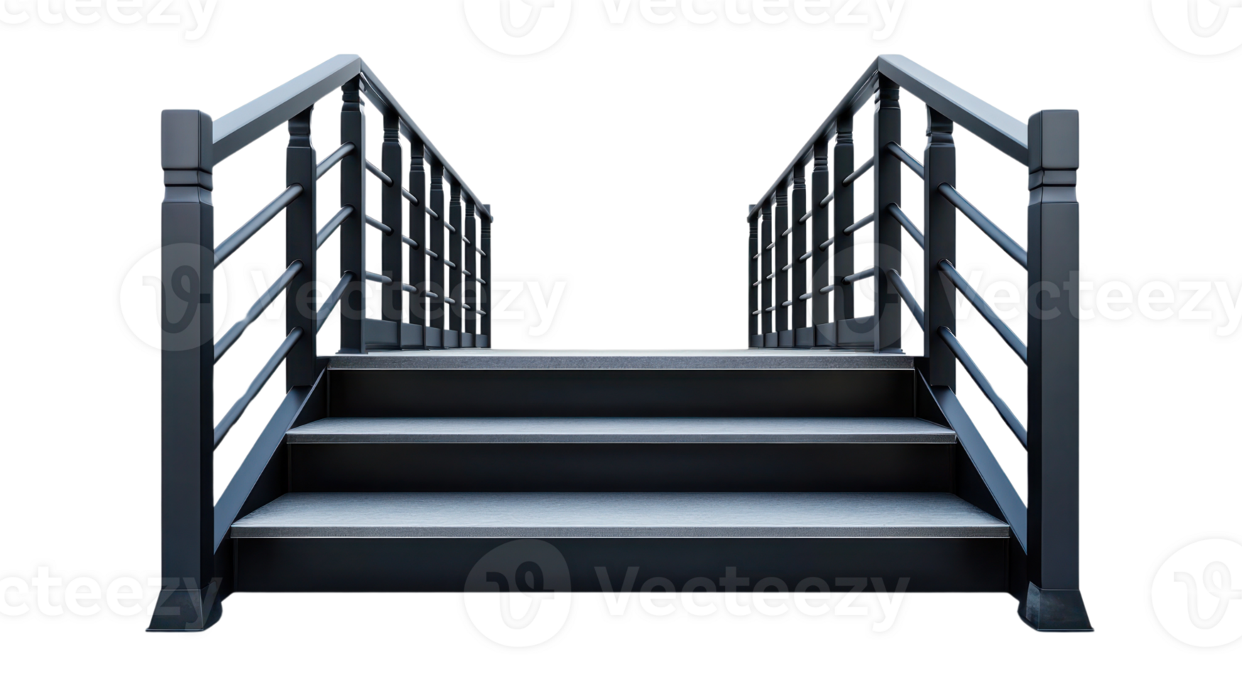 Modern black staircase with railings designed for both indoor and outdoor use in various settings png