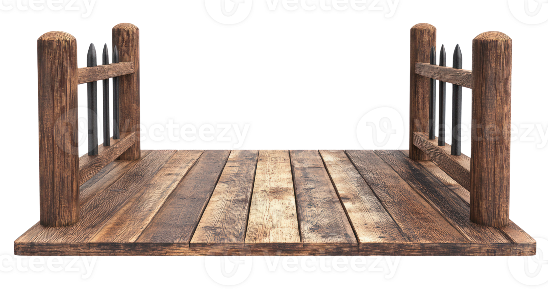 Wooden platform with rustic finish and fence detail ideal for various display or staging purposes png