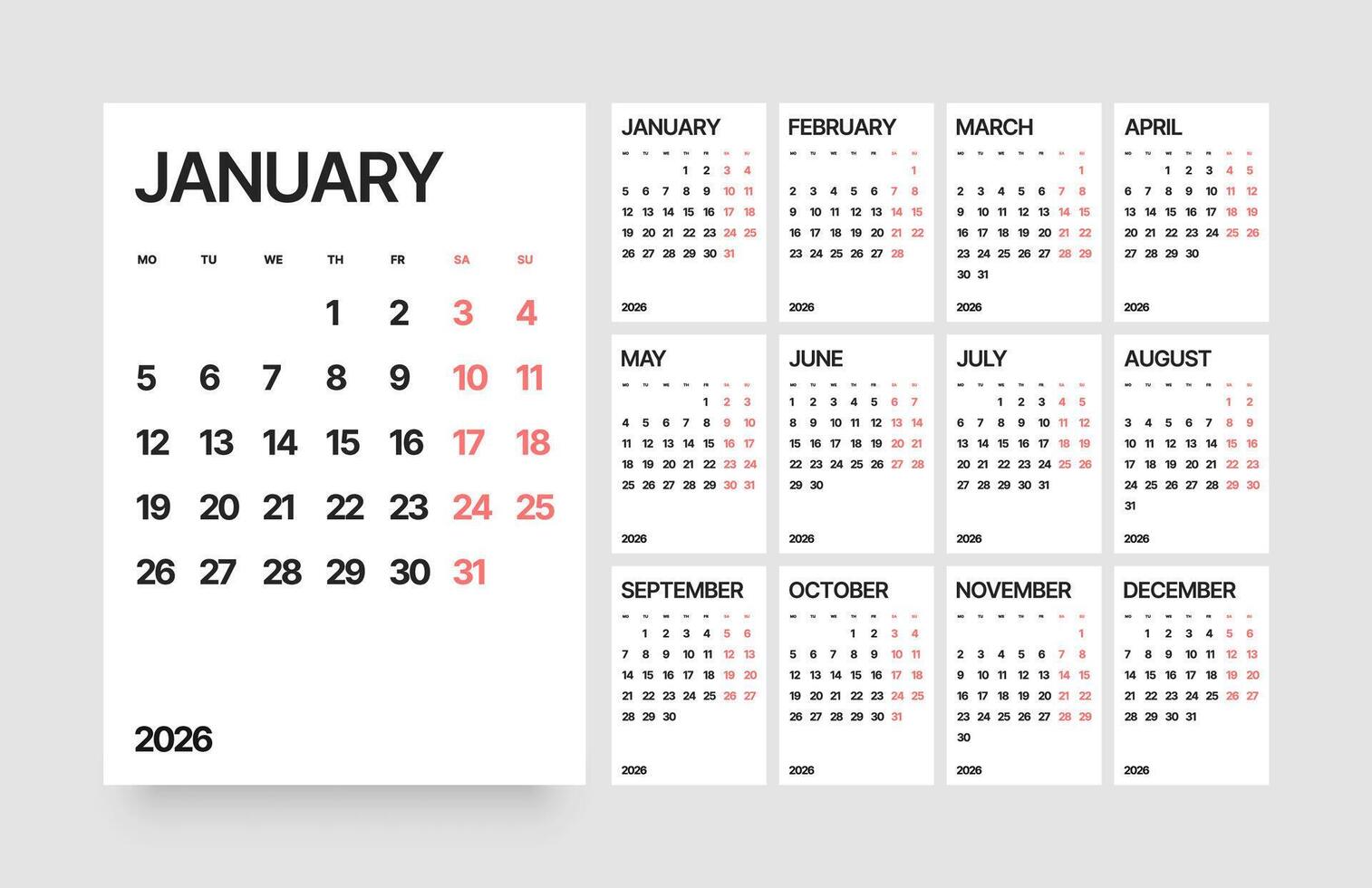 Monthly calendar layout for 2026 year.Vertical diary planner for 2026 year. Week Starts on Monday. vector