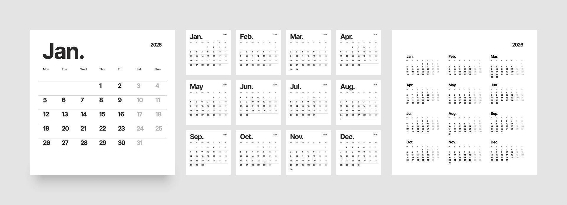 Monthly calendar layout for 2026 year. Planner Square diary for 2026 year. Week Starts on Monday. vector
