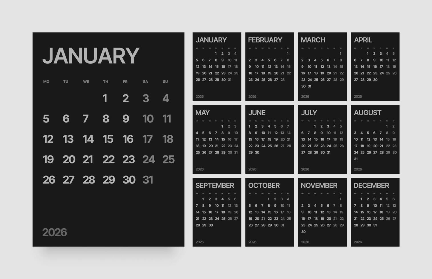 Monthly calendar layout for 2026 year.Vertical diary planner for 2026 year in dark color. Week Starts on Monday. vector
