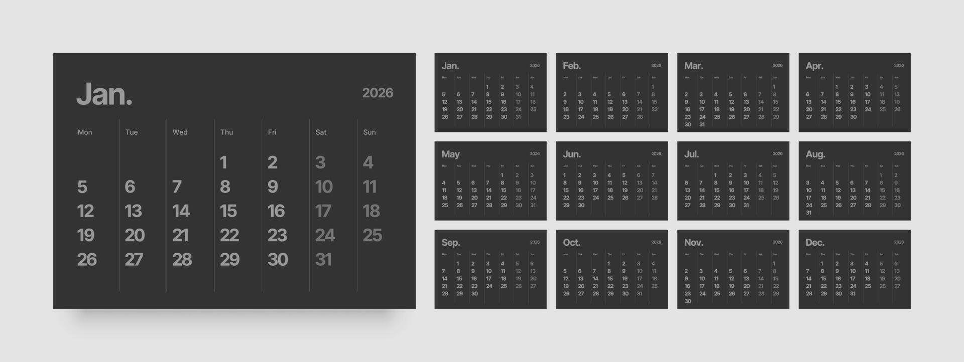 Monthly calendar layout for 2026 year. Diary planner for 2026 year in dark color. Week Starts on Monday. vector