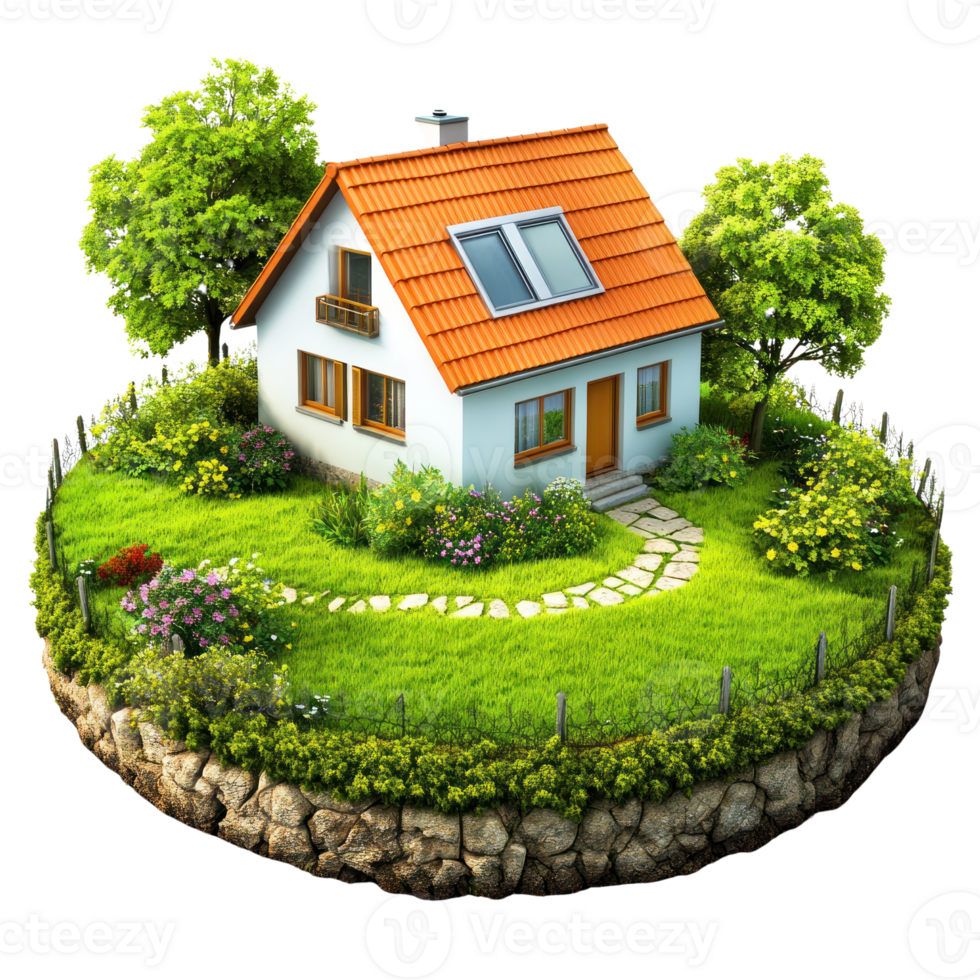 Charming isolated house with garden surrounded by trees and flowers on circular grassy landscape png