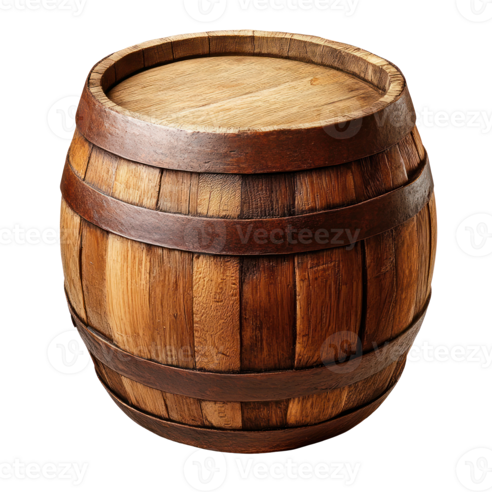 Wooden barrel crafted from dark stained timber with a smooth lid and detailed craftsmanship png