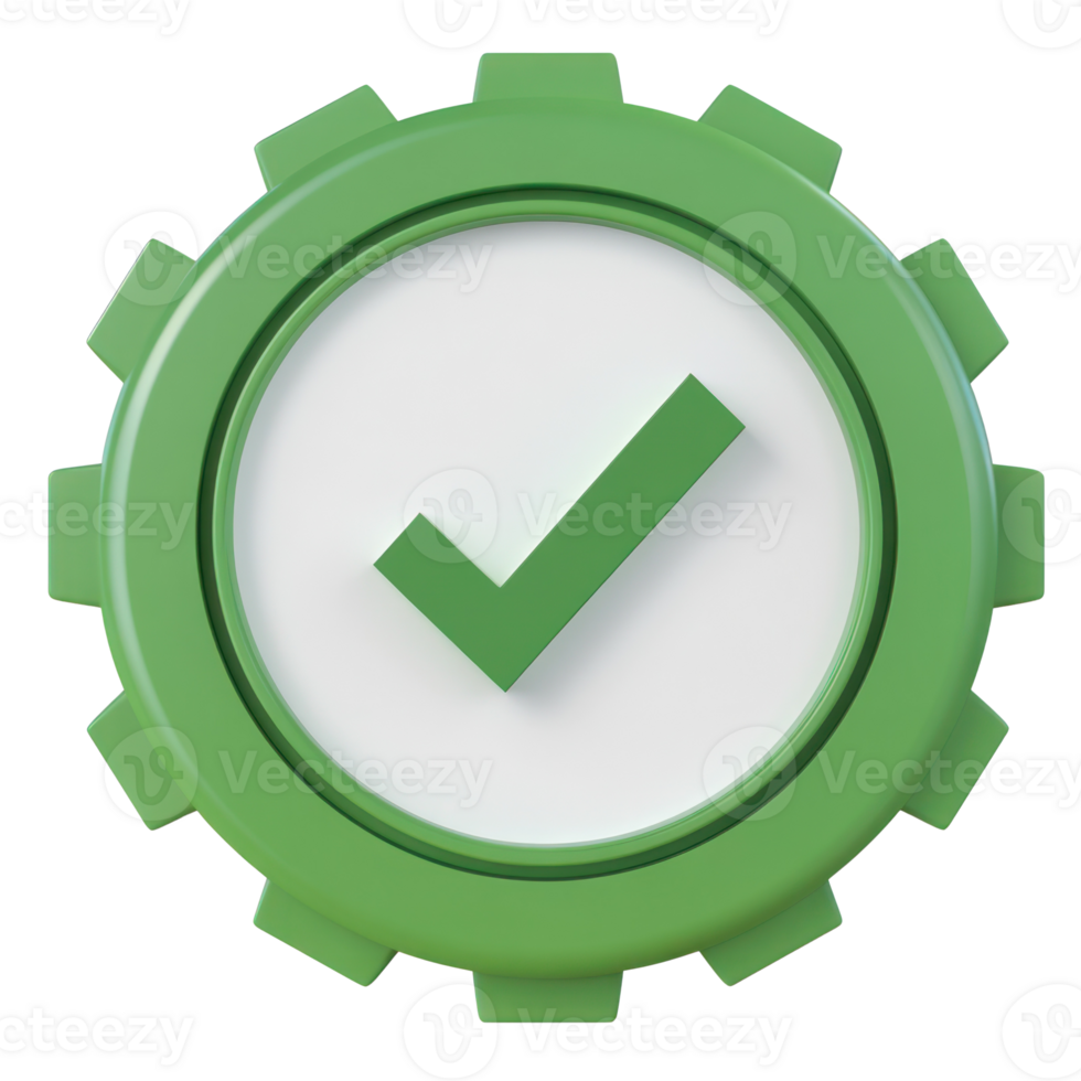Green checkmark symbol within a gear shape representing completion and approval in a digital context png