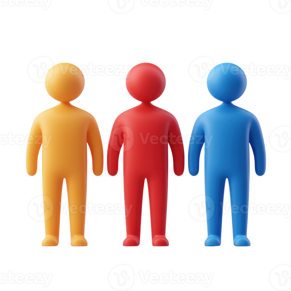Three colorful figurines in yellow, red, and blue stand side by side, showcasing unique designs and vibrant colors png