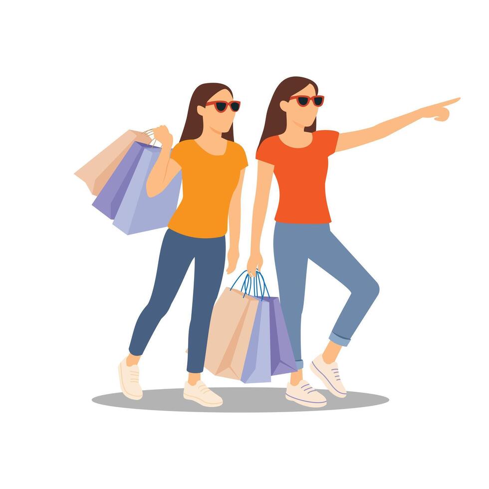 two women with shopping bags pointing at something vector