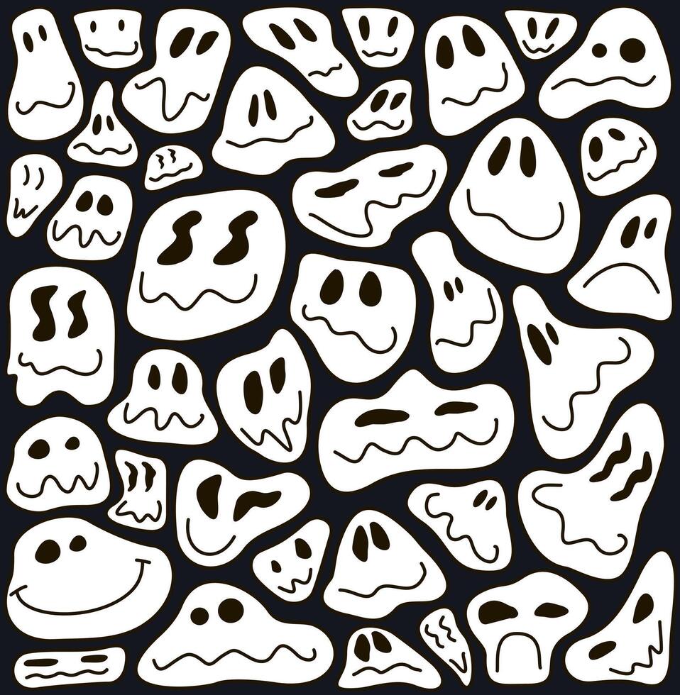 Funny melting smiling happy face seamless pattern. Retro psychedelic drug effect smile icon background texture vector