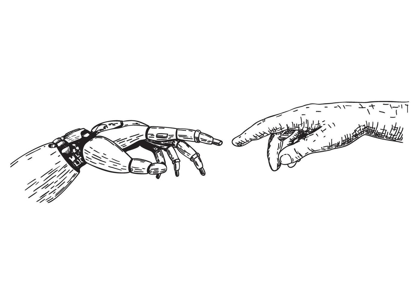 Robotic hand touching a human hand. Robot and Human hands touching with fingers. Concept of technology and artificial intelligence. Robotics vector