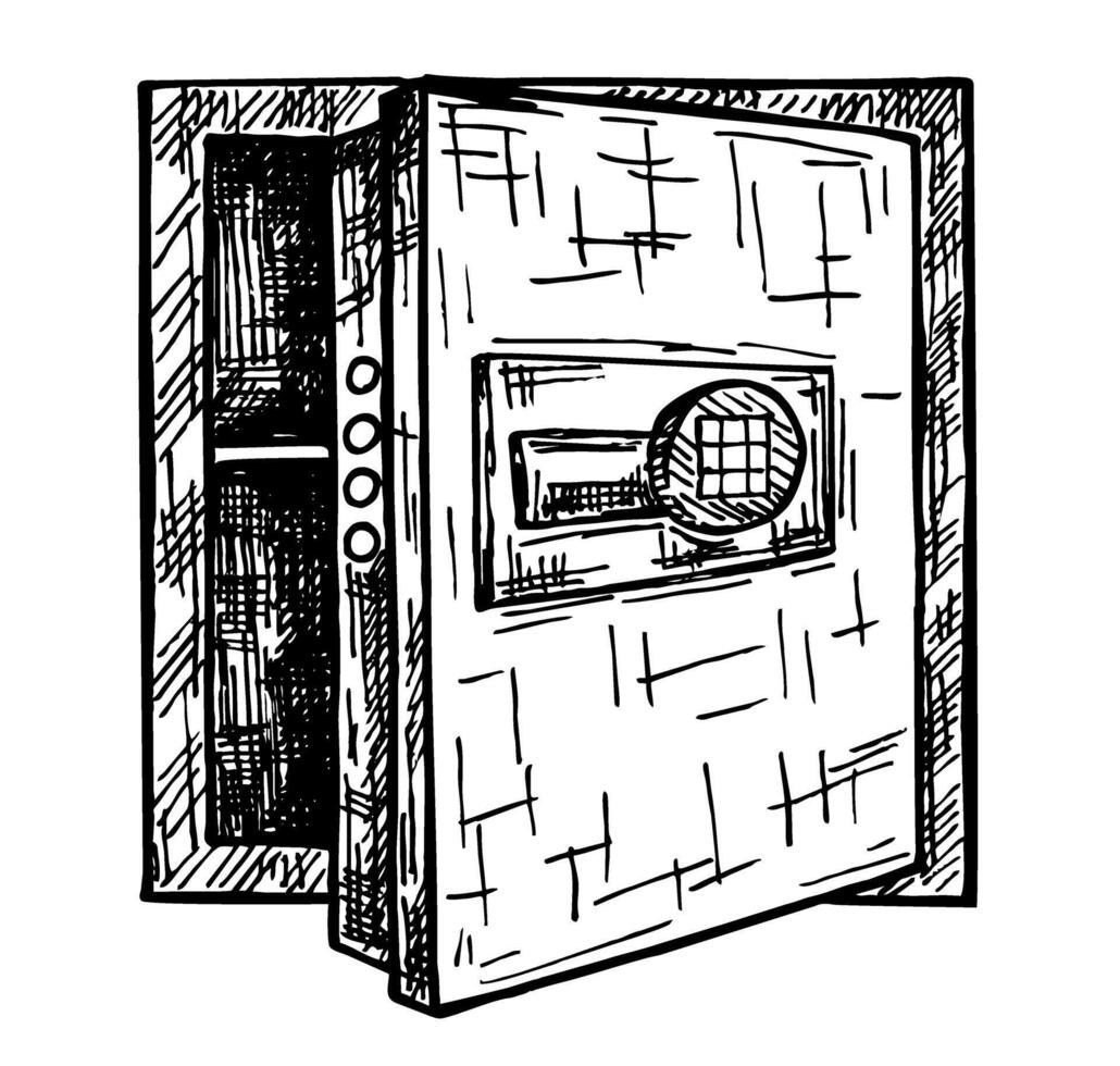 Metal safe for storing valuables. Sketch illustration. Design of cash in vault vector