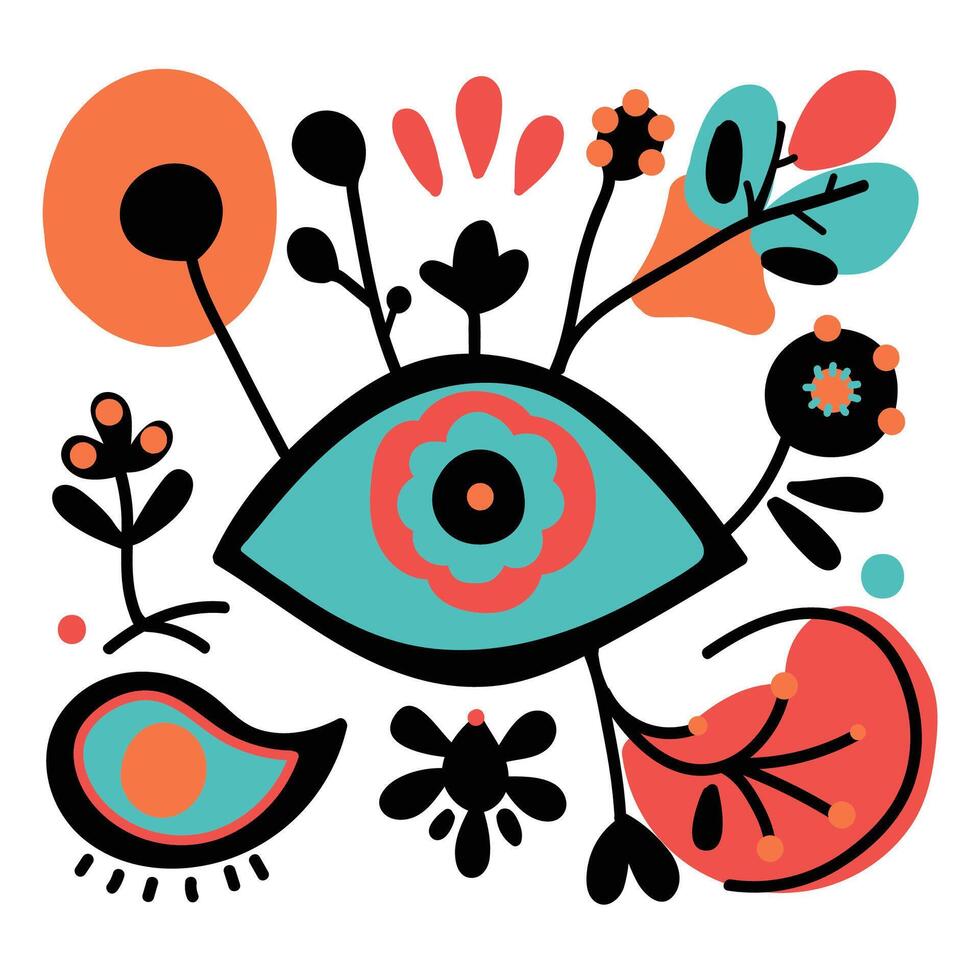 Abstract doodle elements with chaotic lines, floral elements and figures. vector