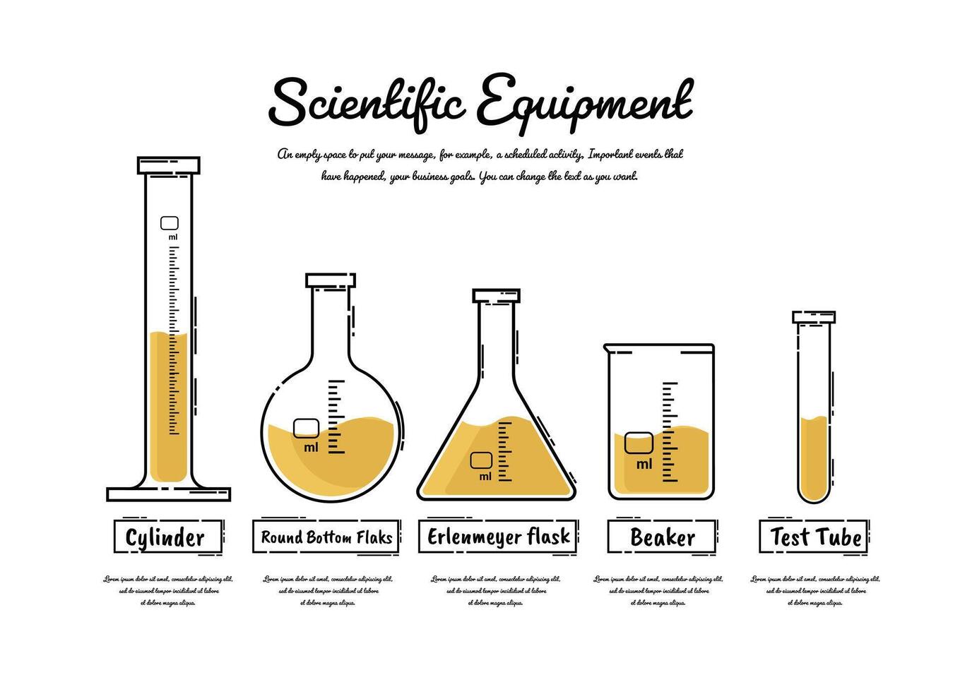 Graduated Cylinder, Round bottom flasks, Erlenmeyer Flask, Beaker and test tube vector