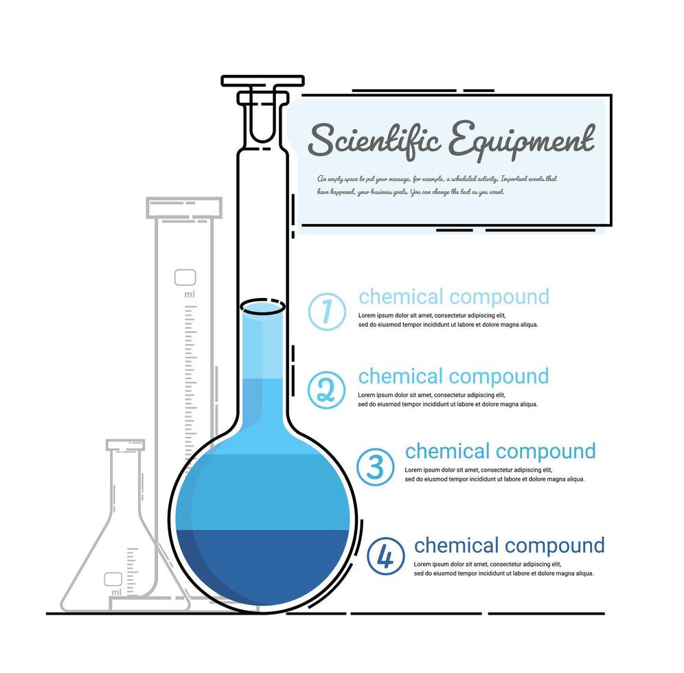 Volumetric flask elements Infographics, Volumetric flask illustration for science banner, Chemical infographic. vector