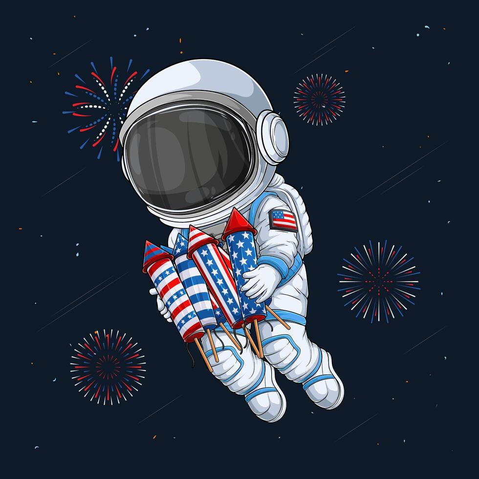 Hand drawn astronaut in space suit, enjoying 4th of July, holding fire crackers, independence day celebration in outer space vector