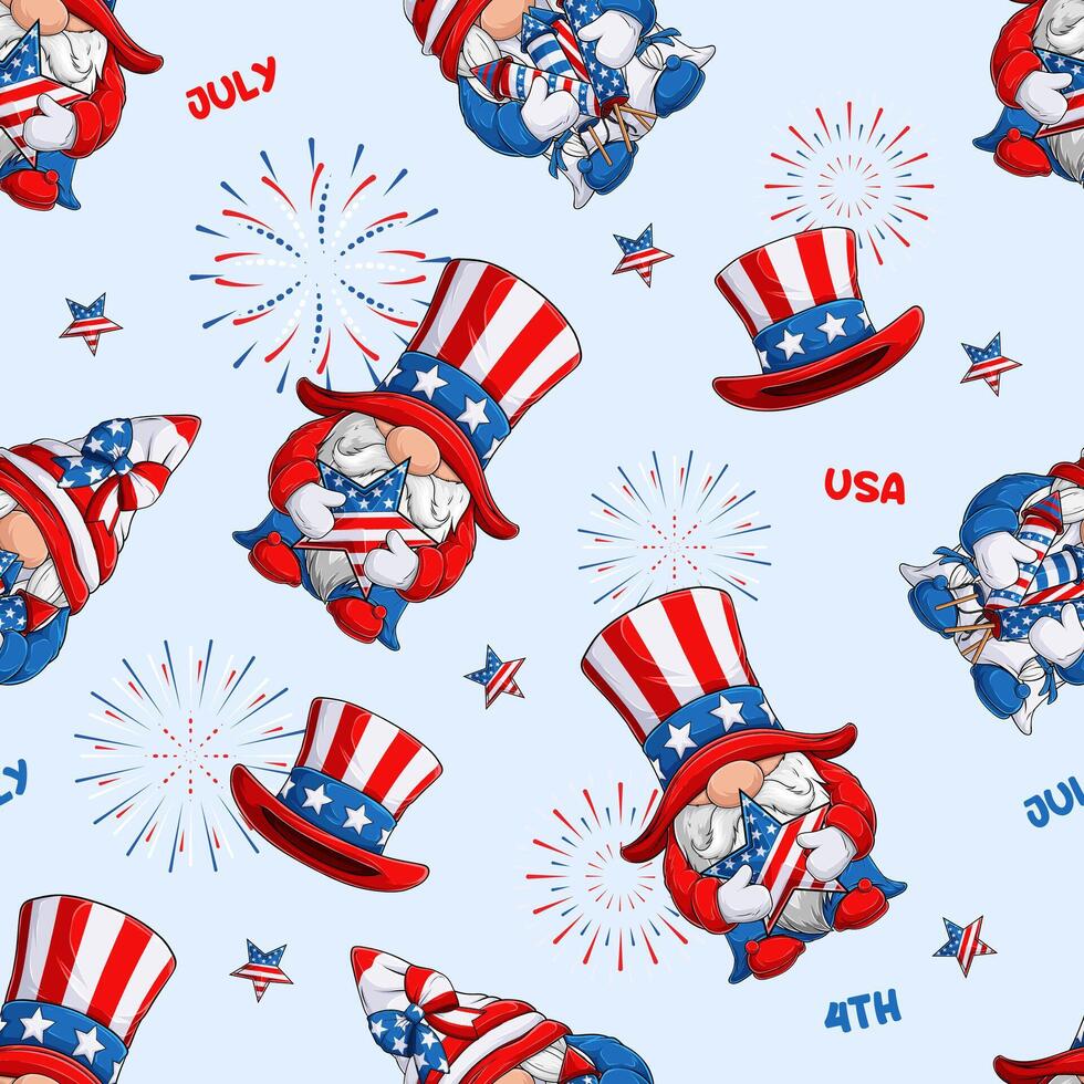 Hand drawn seamless pattern of cute gnome in 4th of July disguise, holding a star in American flag pattern with fireworks and stars vector