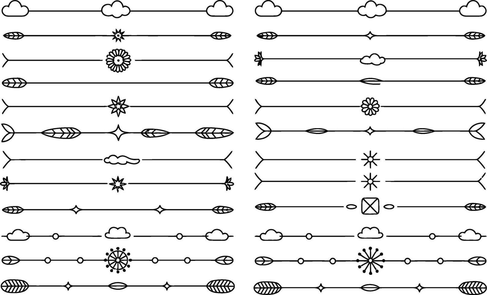 Set of decorative dividers with floral and geometric elements in black and white vector