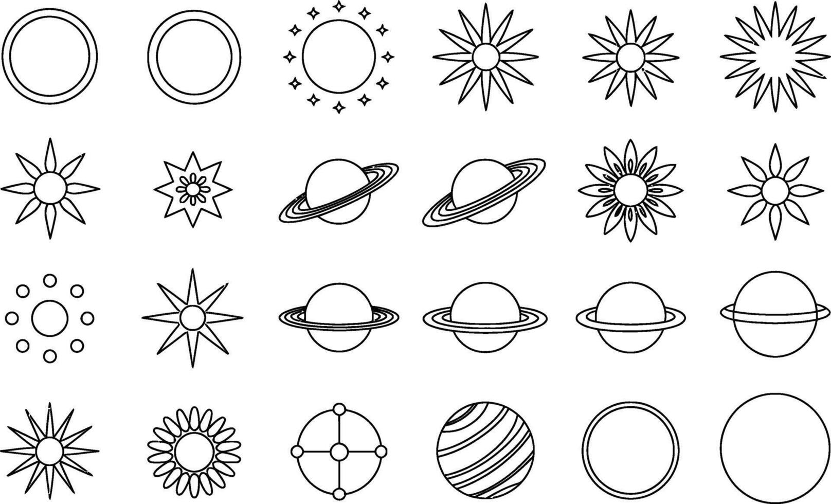Line art set of planets stars and circles minimalist icons vector