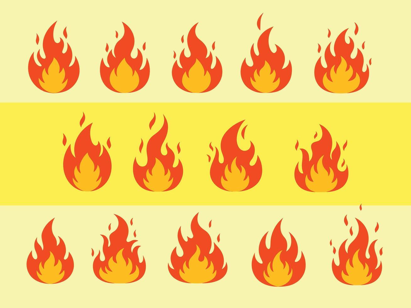 Row of stylized fire icons with orange and yellow flames graphics vector