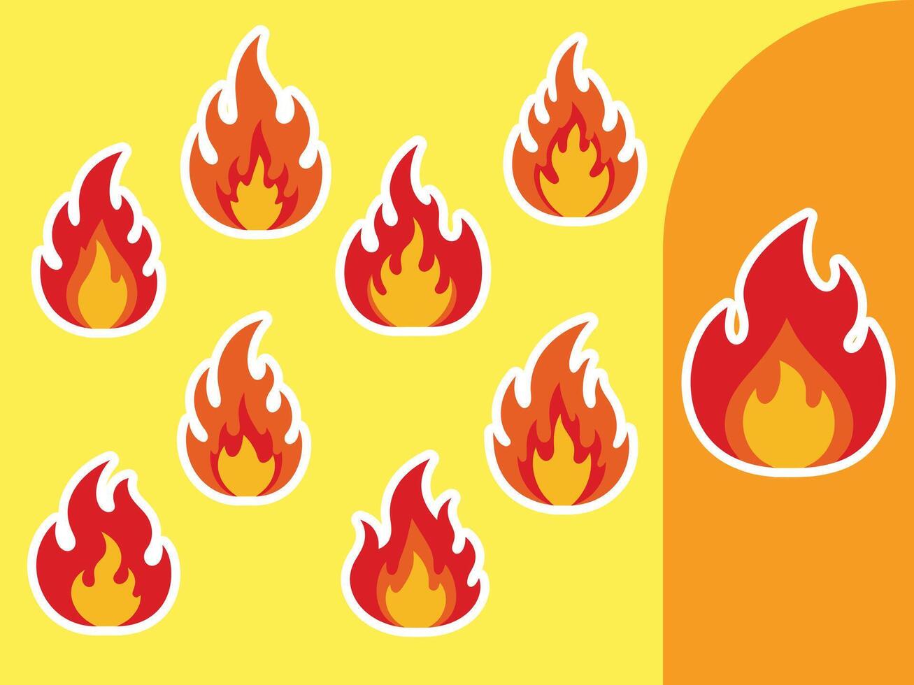 Stylized Flames in Various Shapes and Colors with White Outlines on Yellow and Orange vector