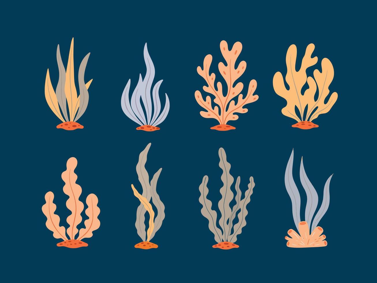 Stylized Aquatic Plants with Varied Shapes and Colors on Dark Background. vector