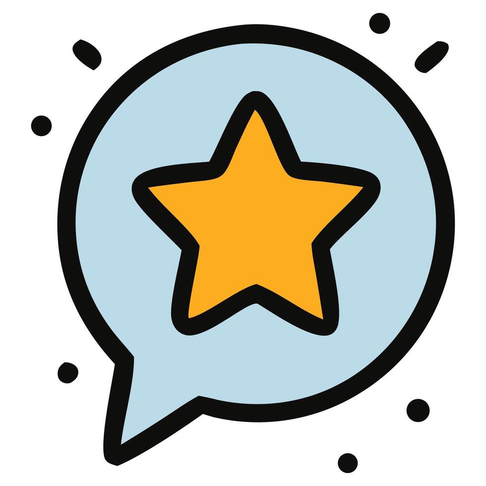 Cartoonish speech bubble with a golden star and radiating dots, outlined in black. vector