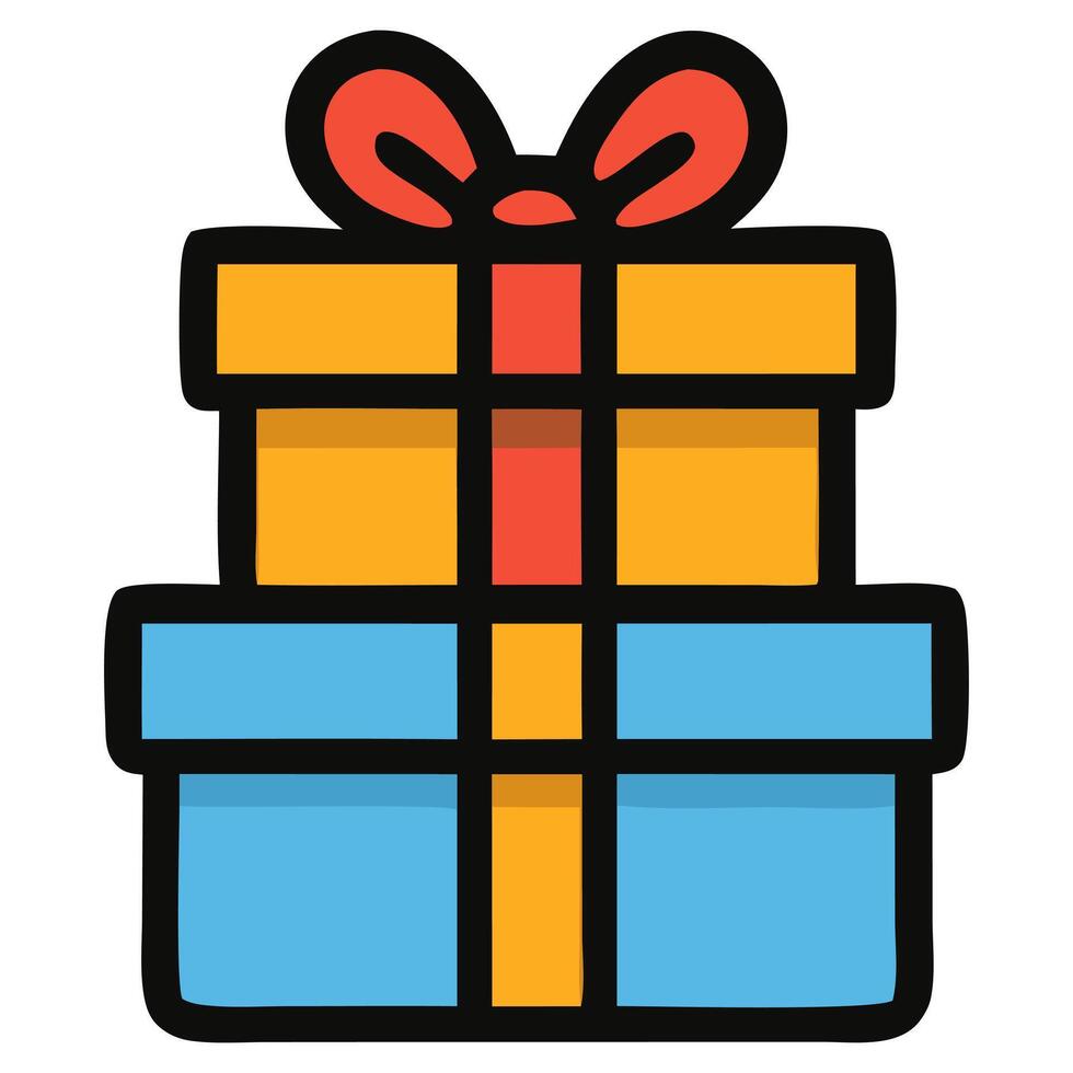 Stacked cartoon gift boxes with red ribbon and bow, outlined in black vector