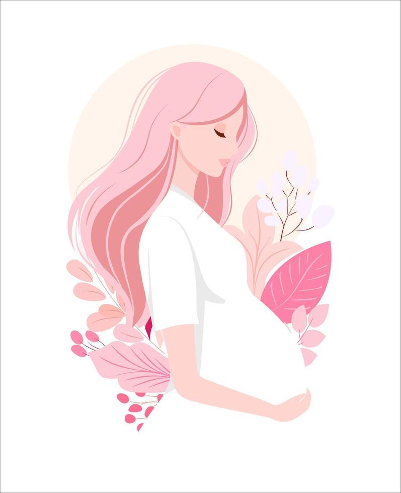 Pregnant woman with long pink hair in white dress surrounded by soft pink leaves and flowers in minimal pastel illustration vector