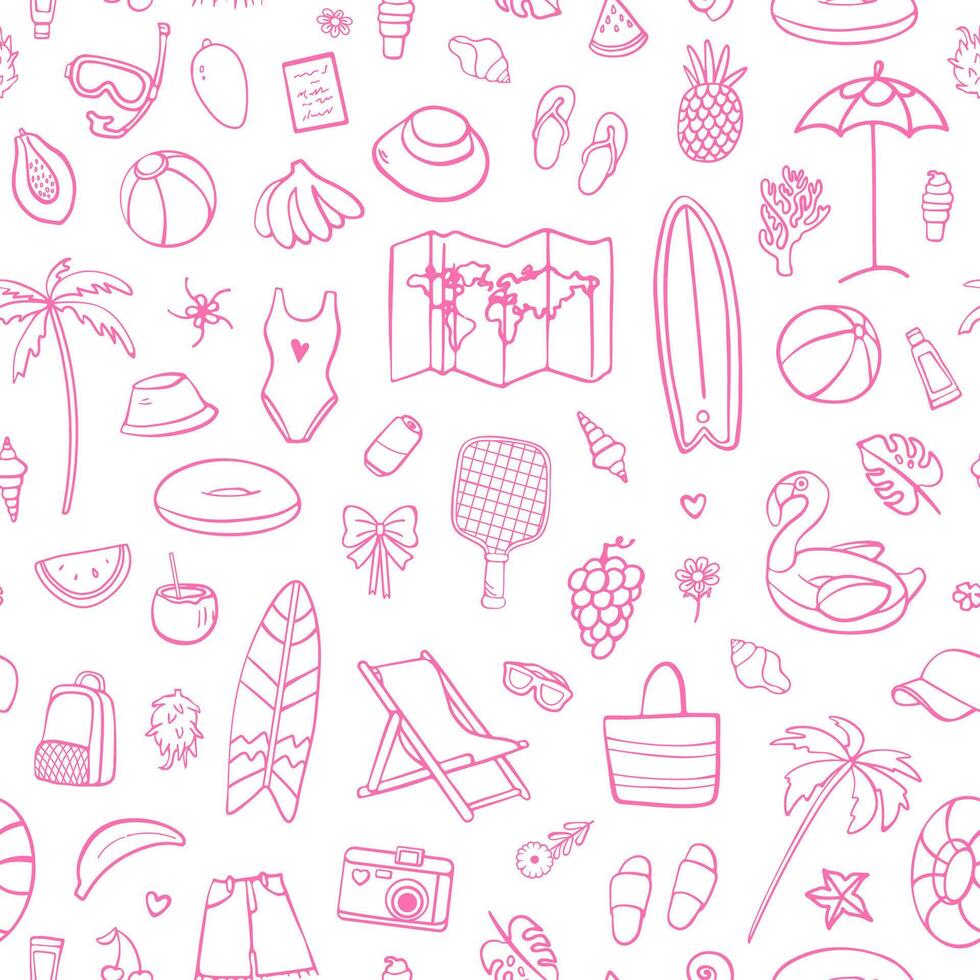 Seamless pink summer pattern with hand-drawn beach items, surfboards, palm trees, swimsuits, fruits, umbrellas, floaties, travel icons, and playful vacation elements vector