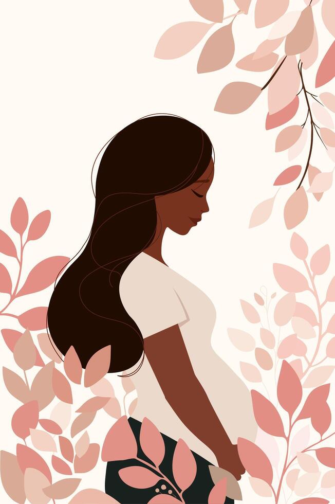 Pregnant woman with long black hair surrounded by soft pink leaves, celebrating motherhood in a gentle, floral illustration vector