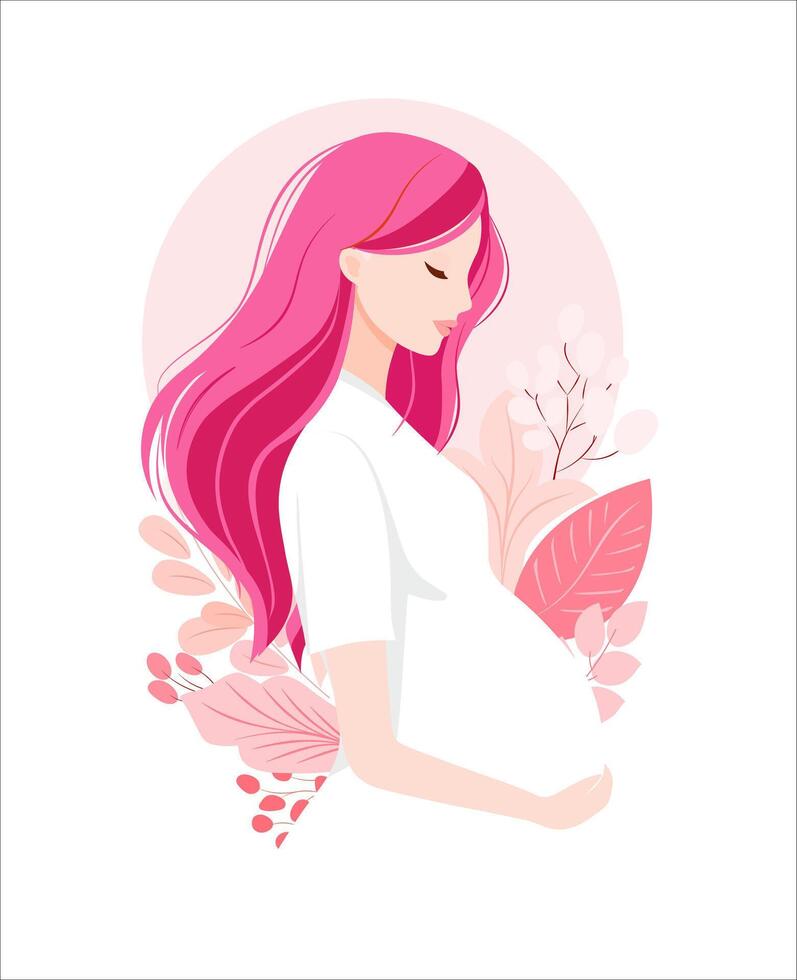Pregnant woman with long vibrant pink hair in white dress surrounded by soft pink leaves and flowers in minimal pastel illustration vector
