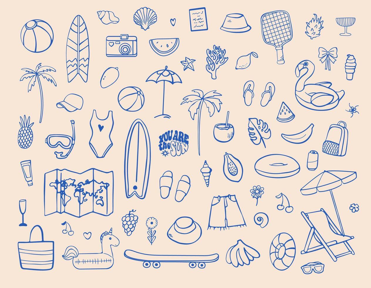 Summer themed hand-drawn sketch set with beach objects, surfboards, palm trees, swimsuits, fruits, umbrellas, floaties, and travel accessories in a playful blue outline style vector