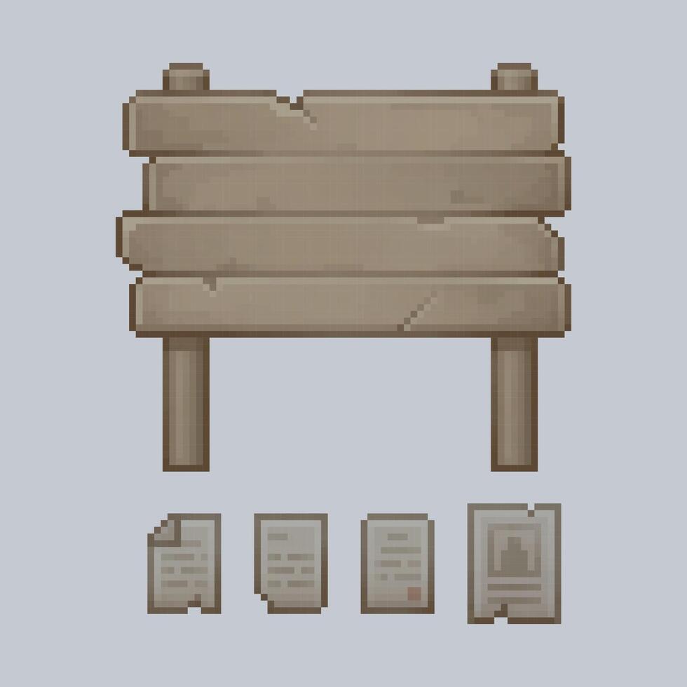 big wooden board with paper poster sign in pixel art style vector