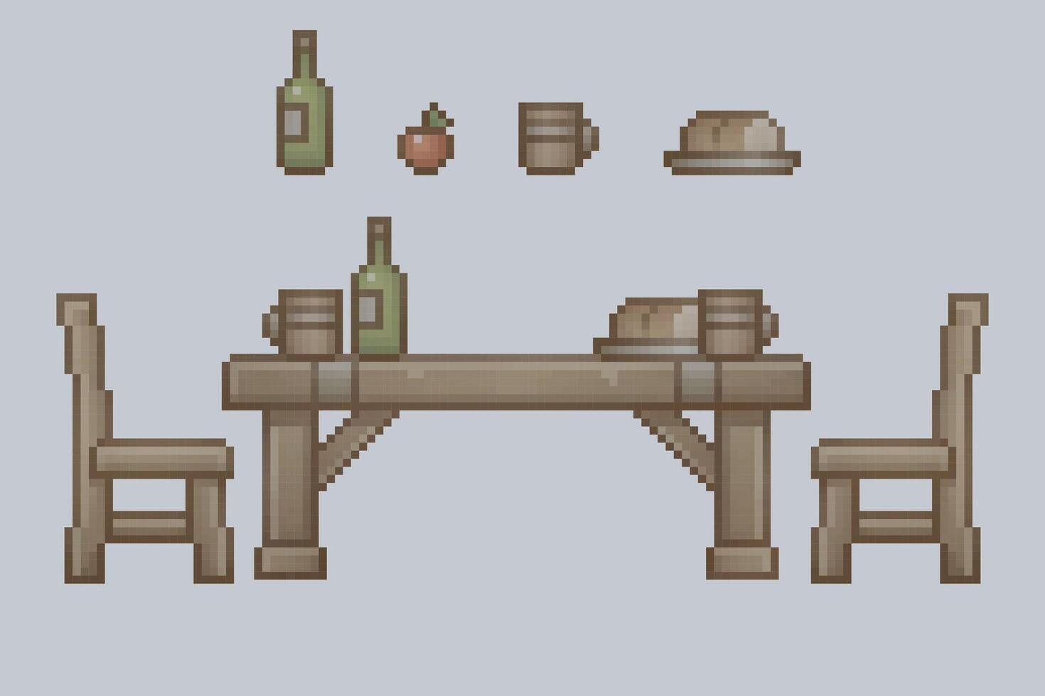 wooden dining table set with foods and drinks in pixel art style vector