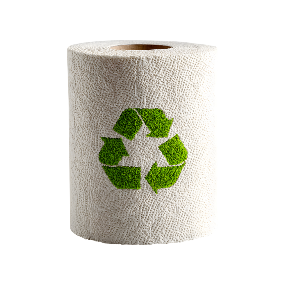 Eco Friendly Paper Towel Roll with Green Recycling Symbol Sustainable Cleaning Product Studio Shot png