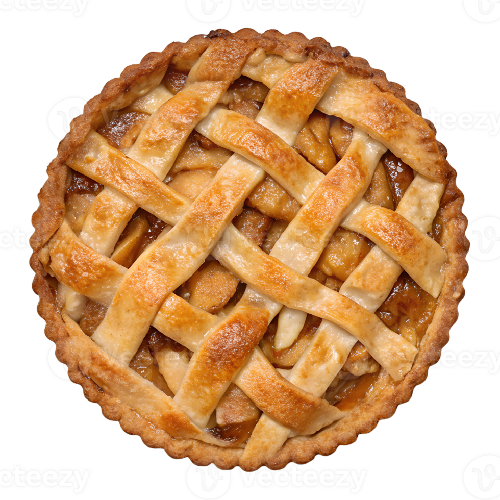 Delicious homemade apple pie with lattice crust, cinnamon aroma, golden brown pastry, fresh baked dessert isolated on transparent background png