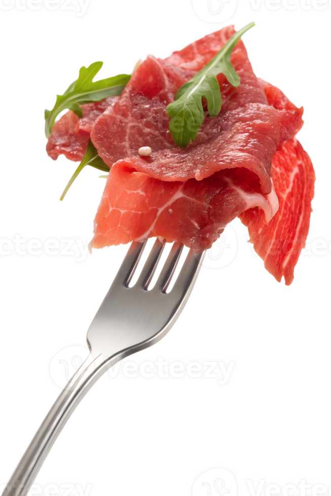 Beef carpaccio with fresh arugula on fork isolated on transparent background, gourmet dish, healthy food, restaurant meal png