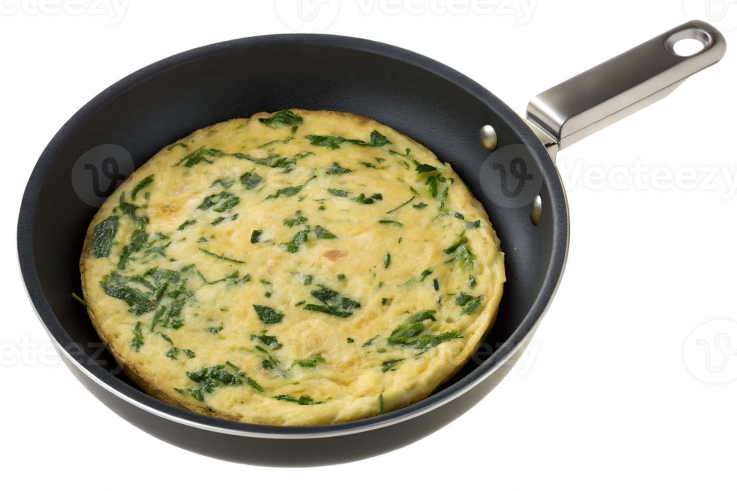 Fresh spinach omelet in frying pan, perfectly cooked with herbs and cheese, isolated on transparent background, healthy breakfast concept, high-protein meal, top view png