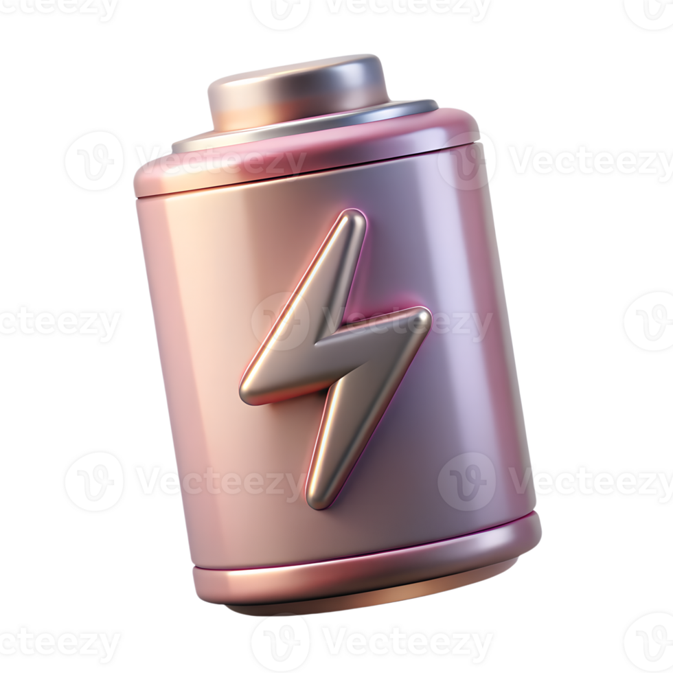 3d rendering of pink battery with lightning bolt symbol, energy icon, power charge tech gadget, isolated on transparent background png