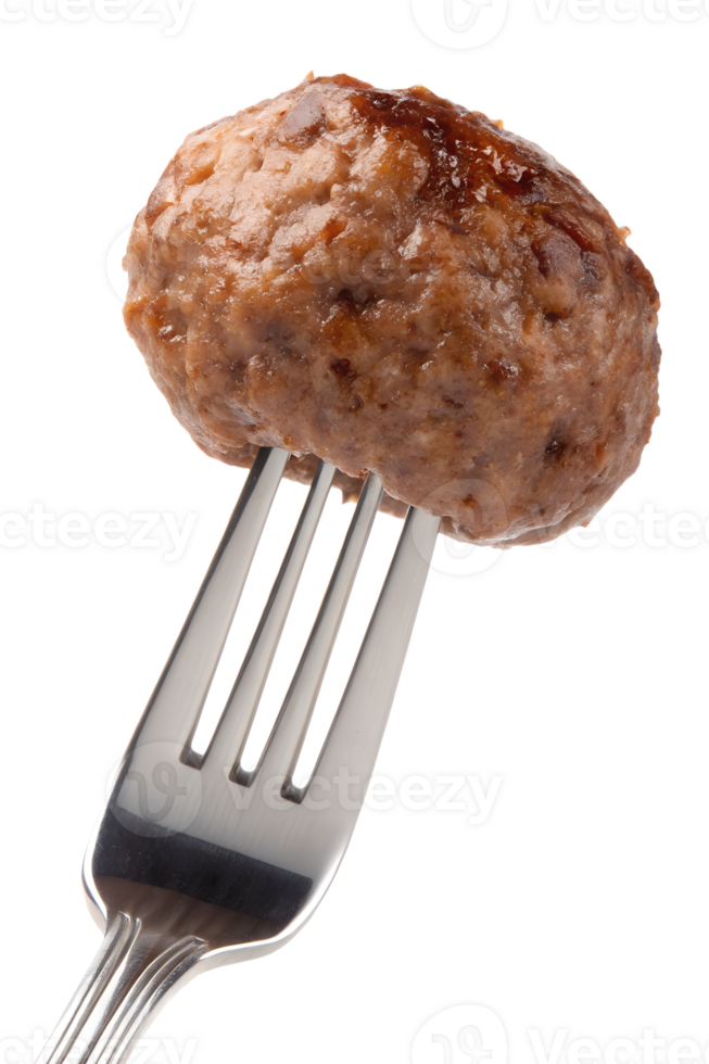 Meatball on fork isolated on transparent background, juicy and tender, italian cuisine, homemade food, close-up shot png