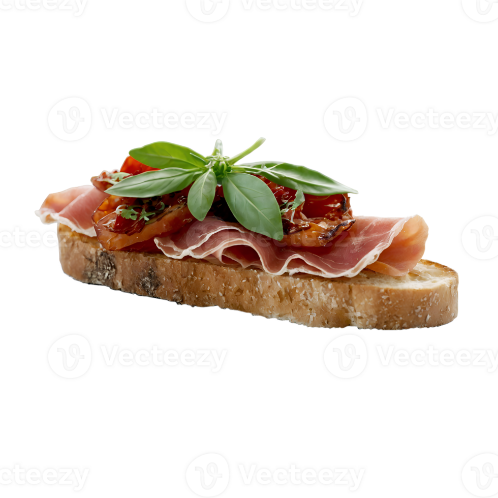 Bruschetta with prosciutto, tomato, and basil, fresh ingredients, italian appetizer png
