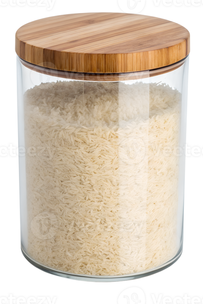White rice in clear glass jar with natural wooden lid, pantry staple isolated on transparent background, minimalist kitchen storage png