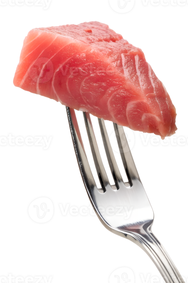 Raw tuna piece on fork isolated on transparent background, sushi ingredient, fresh fish png
