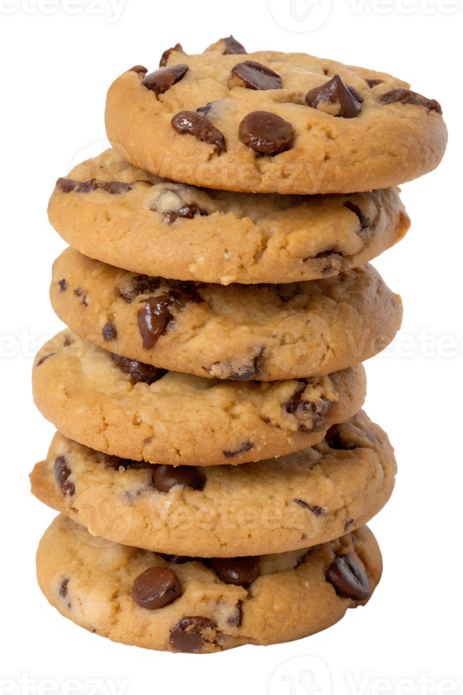 Stack of delicious chocolate chip cookies isolated, golden brown, sweet treat png