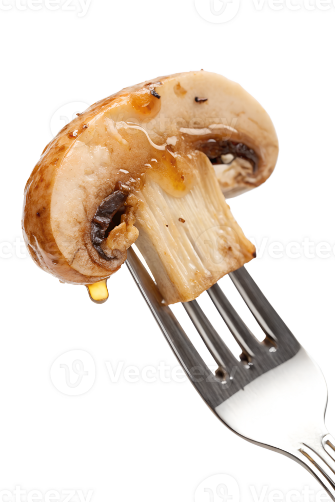 Cooked mushroom on fork isolated on transparent background, realistic food photo healthy ingredient png