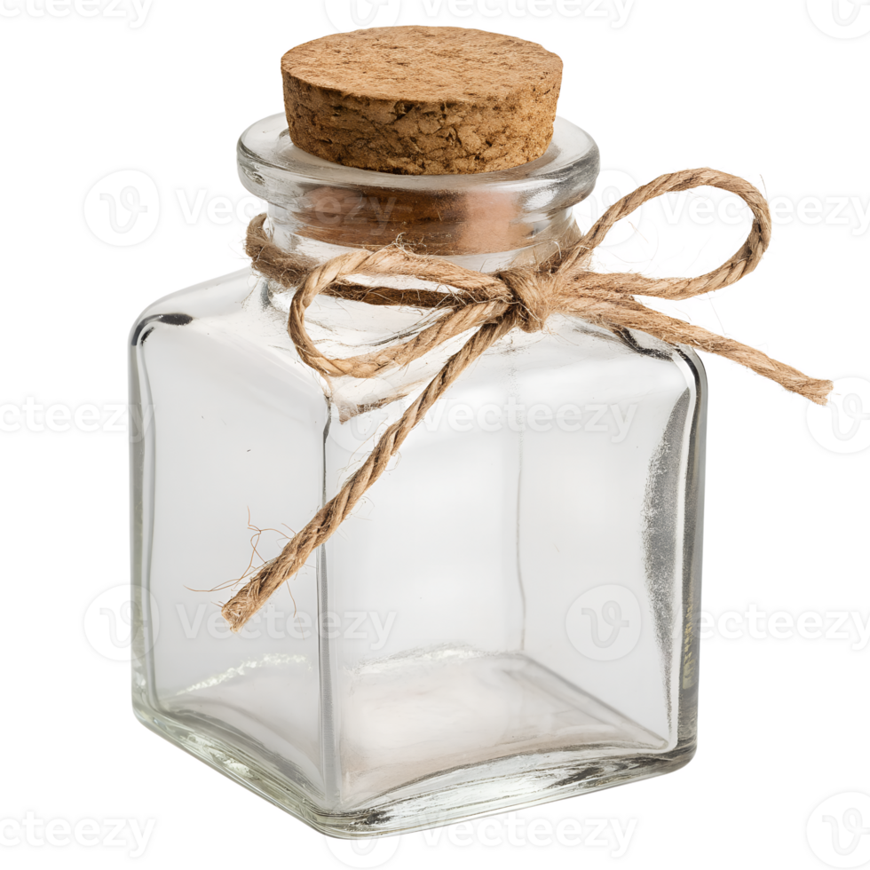 Glass jar with cork stopper and twine bow isolated on transparent background, simple elegance, minimalist style png
